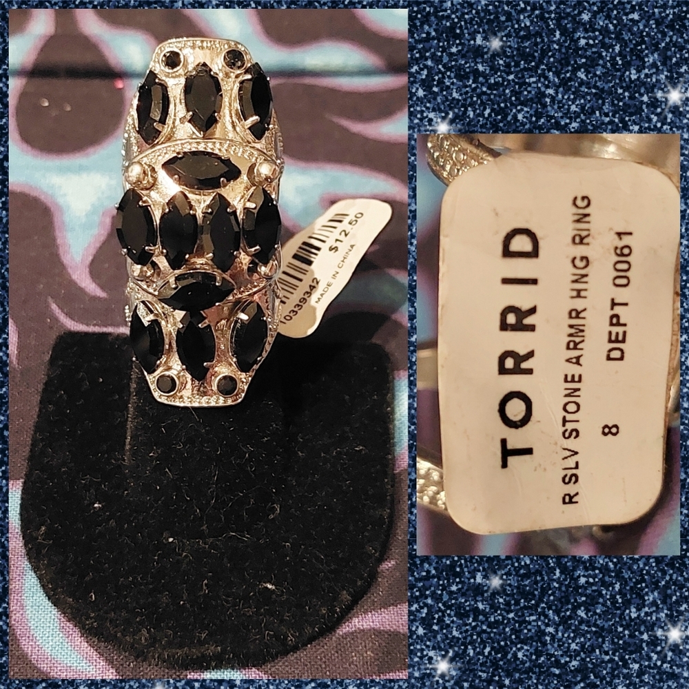 Torrid brand Silver Mixed Metal W/Black Rhinestones Hinge Ring Sz 8